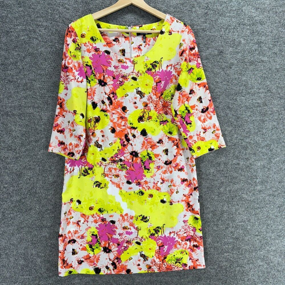 Daisy Fuentes Dress Women M Medium Yellow Floral Shift Midi Zipper Long Sleeve